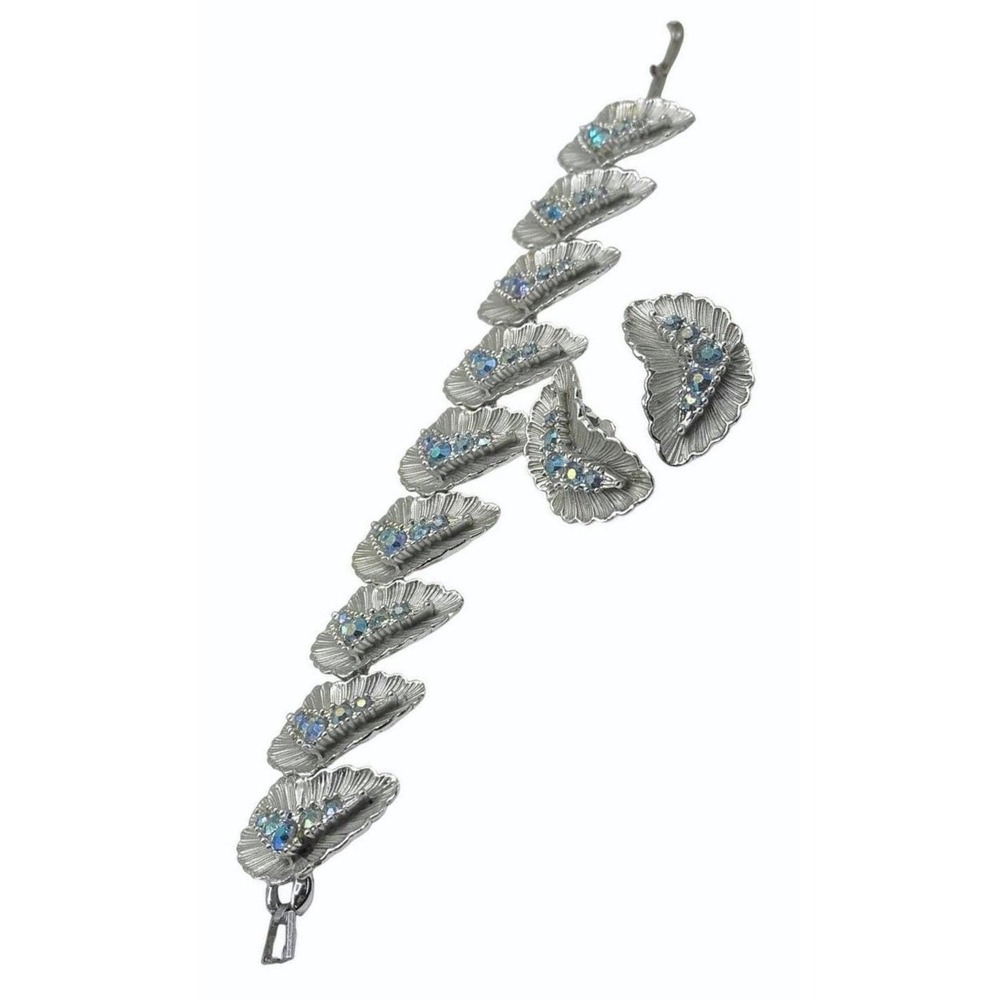 Vintage Leaf Bracelet &‎ Clip Earrings Aurora Borealis crystals on silver tone